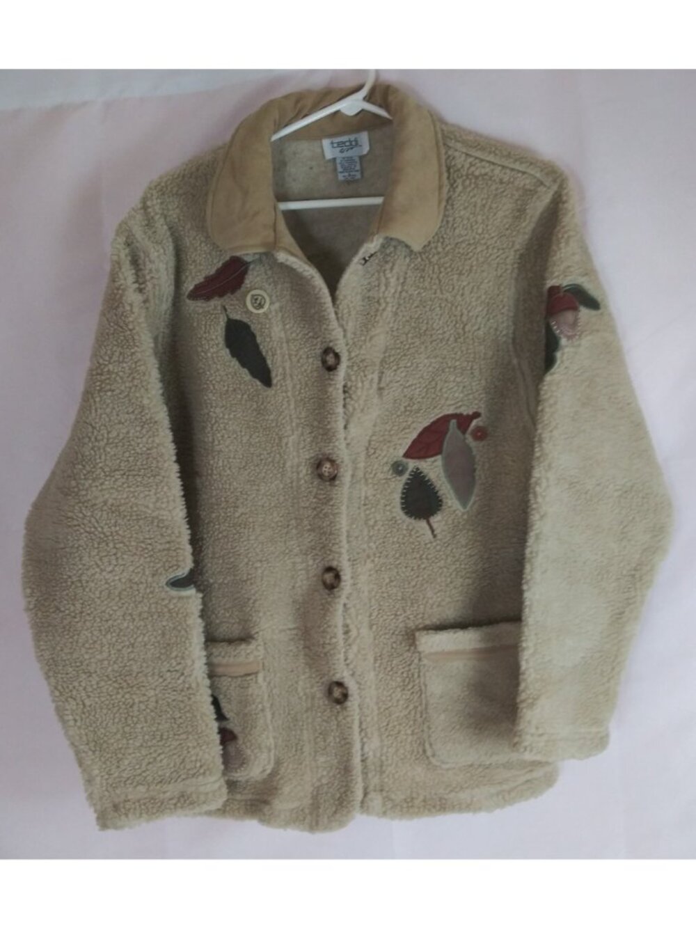 Vintage Teddi Women's Button-Up Fleece Fall Leaves Sweater Jacket Size Large